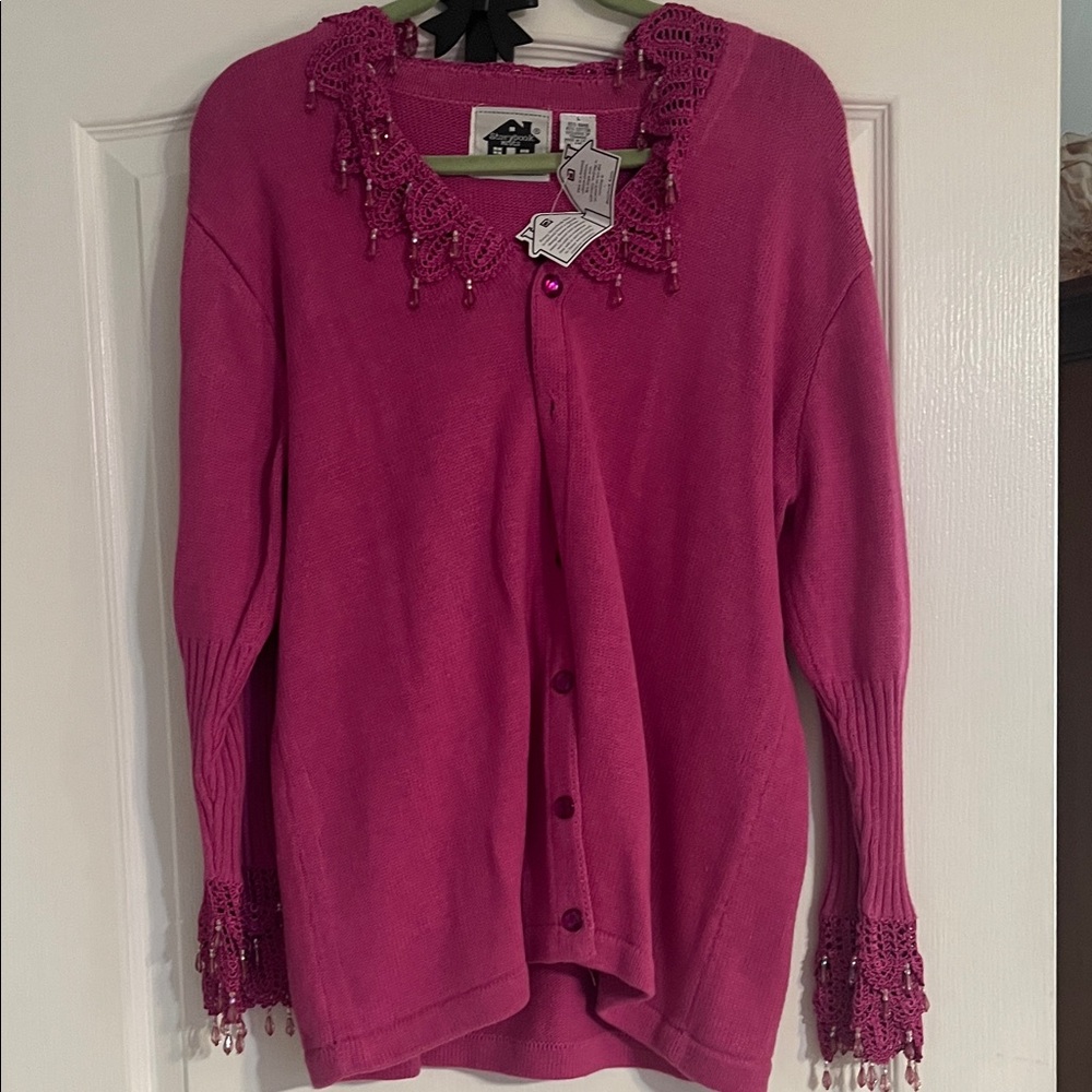 Storybook Knits Fuchsia Cardigan with Lace Trim
